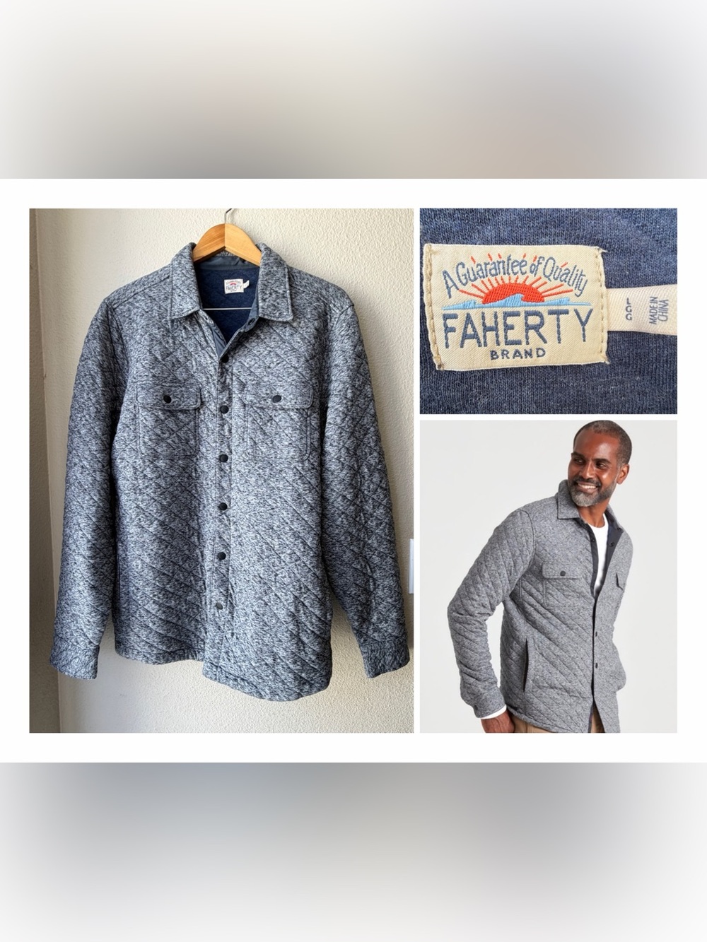 Faherty Heather Grey Quilted Shirt Jacket Men’s Size L Soft Outdoor Snap Buttons